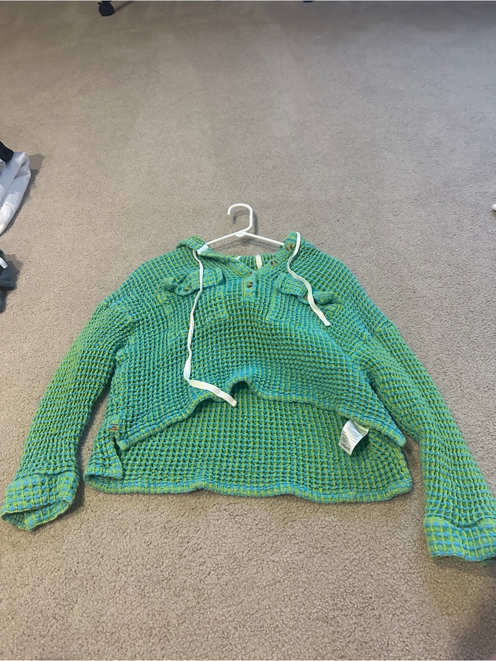 BDG Green Waffle-Knit Hooded Crew Sweater